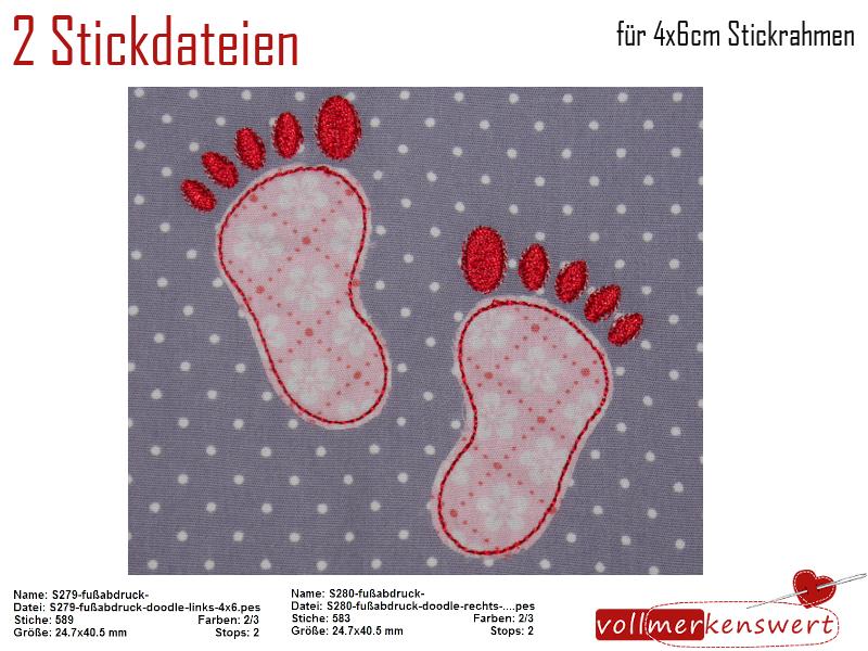 2 Stickdateien Fußabdruck Doodle-Applikation links und rechts im Set für den 4x6cm Stickrahmen S279+S280-set-01